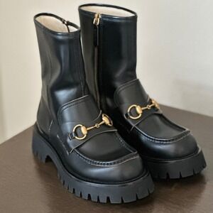NIB‎ Gucci Cordovan Lux Black Leather Horsebit Bee Embroidered Combat Boots 37.5